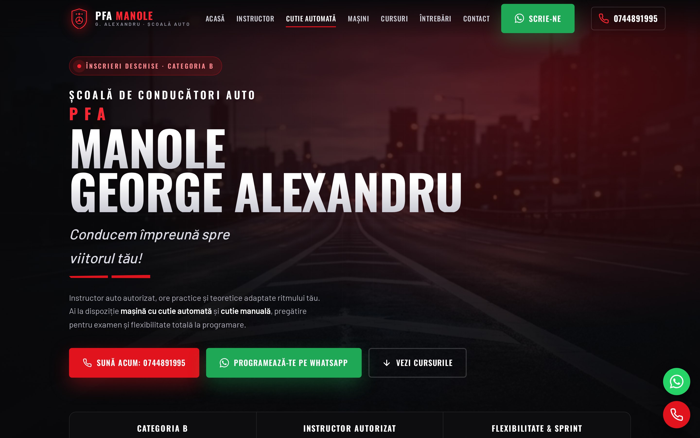 Driving school website homepage for PFA Manole George Alexandru